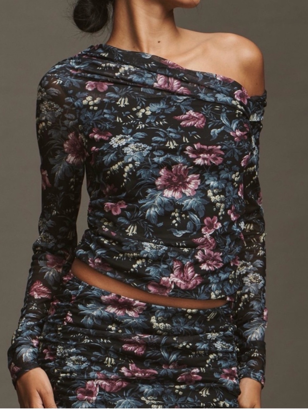 Anthropologie Mesh Off-Shoulder Asymmetrical Floral Ruched Top